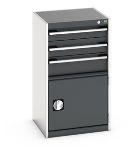 40010033.** Bott Cubio drawer cabinet with overall dimensions of 525mm wide x 525mm deep x 900mm high Cabinet consists of 1 x 100mm, 1 x 125mm, 1 x 150mm high drawers and 1 x 400mm high door 100% extension drawer with internal dimensions of 400mm wide x 400mm...